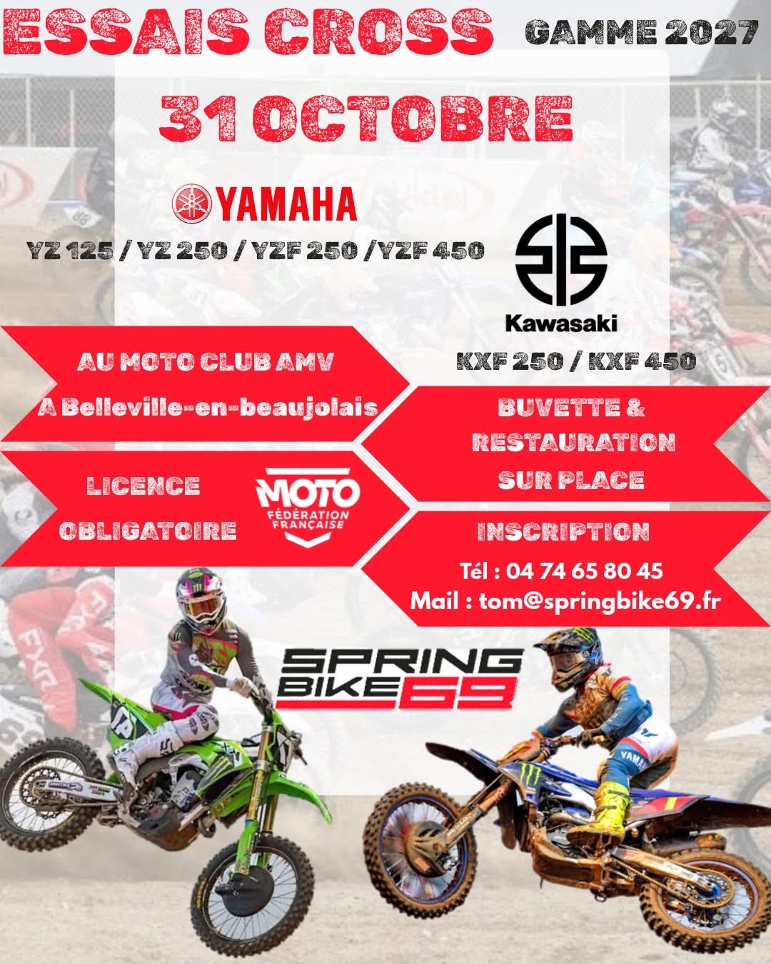 Affiche Essais Cross gamme 2027 – samedi 31 octobre au Moto Club AMV de Belleville-en-Beaujolais